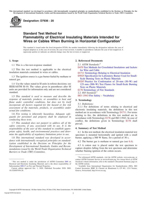 ASTM D7936-20 Standard Test Method for Flammability of Electrical Insulating Materials Intended fo