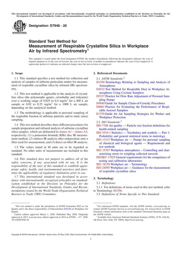 ASTM D7948-20 Standard Test Method for Measurement of Respirable Crystalline Silica in Workplace A