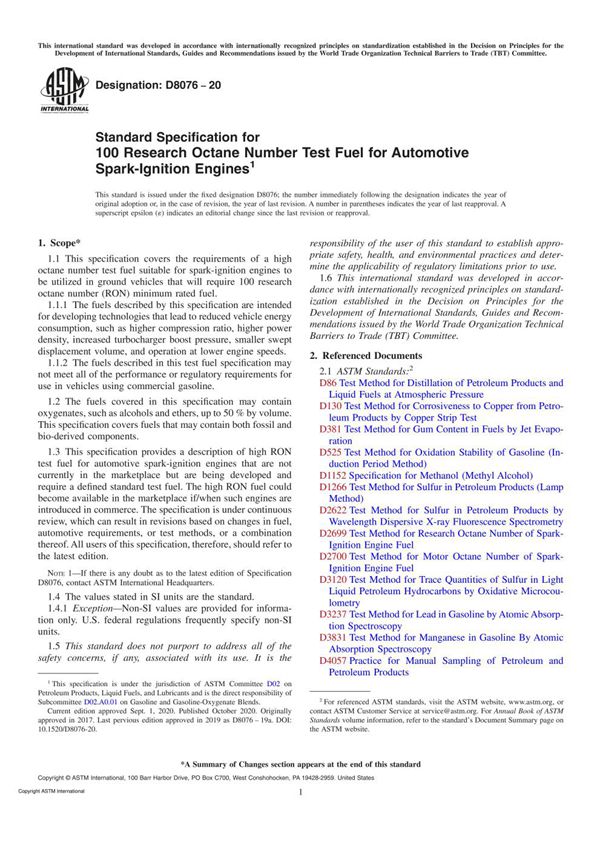 ASTM D8076-20 Standard Specification for 100 Research Octane Number Test Fuel for Automotive Spark