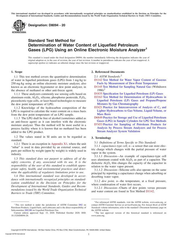 ASTM D8094-20 Standard Test Method for Determination of Water Content of Liquefied Petroleum Gases