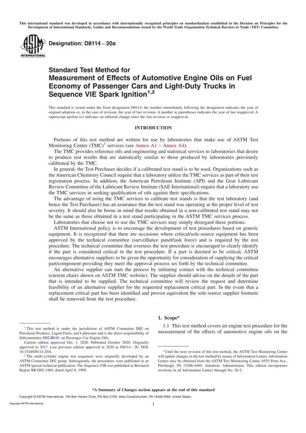 ASTM D8114-20a Standard Test Method for Measurement of Effects of Automotive Engine Oils on Fuel E