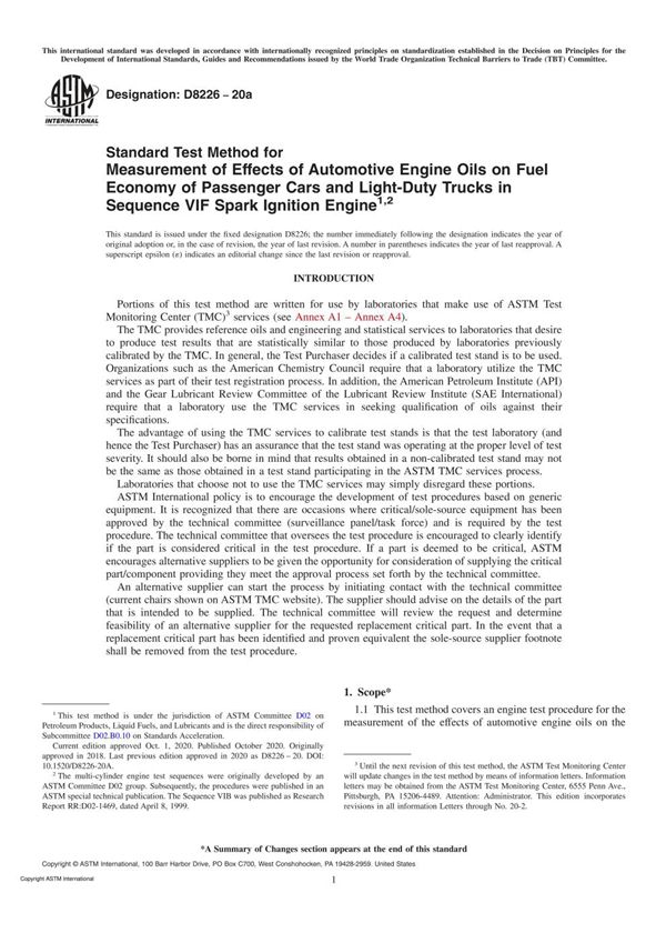 ASTM D8226-20a Standard Test Method for Measurement of Effects of Automotive Engine Oils on Fuel E