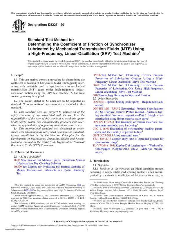 ASTM D8227-20 Standard Test Method for Determining the Coefficient of Friction of Synchronizer Lub