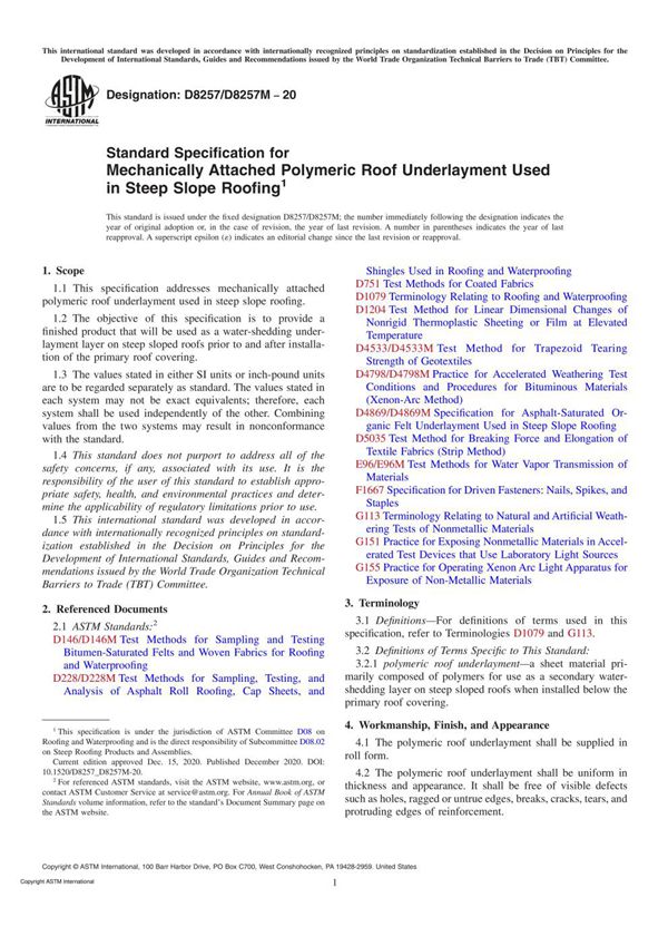 ASTM D8257 D8257M-20 Standard Specification for Mechanically Attached Polymeric Roof Underlayment
