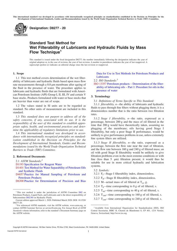 ASTM D8277-20 Standard Test Method for Wet Filterability of Lubricants and Hydraulic Fluids by Mas