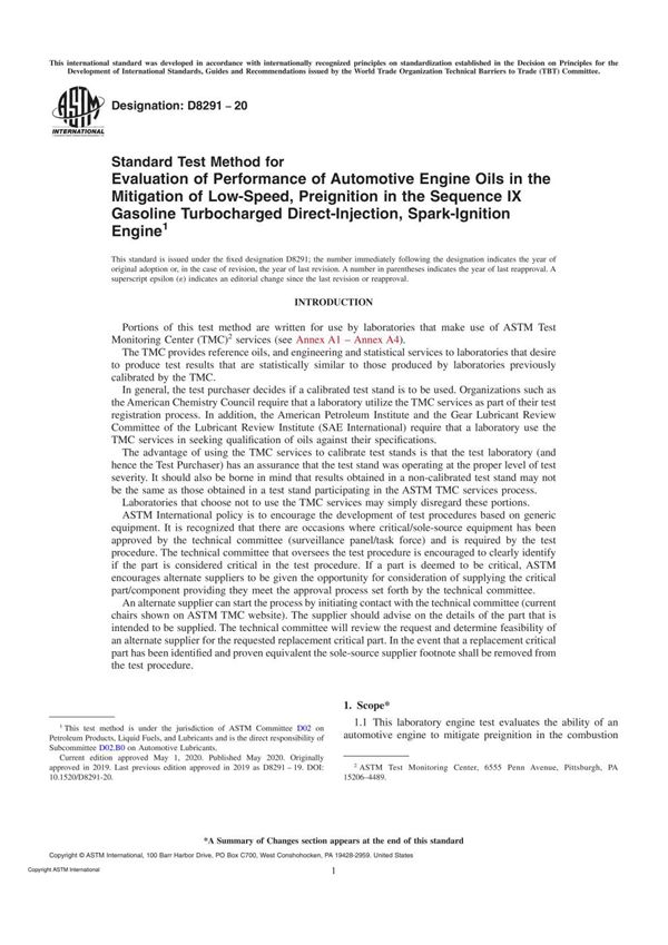ASTM D8291-20 Standard Test Method for Evaluation of Performance of Automotive Engine Oils in the