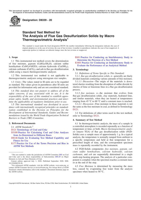 ASTM D8339-20 Standard Test Method for The Analysis of Flue Gas Desulfurization Solids by Macro Th