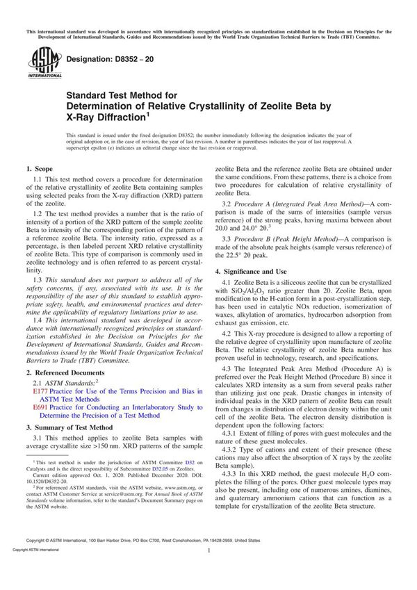 ASTM D8352-20 Standard Test Method for Determination of Relative Crystallinity of Zeolite Beta by