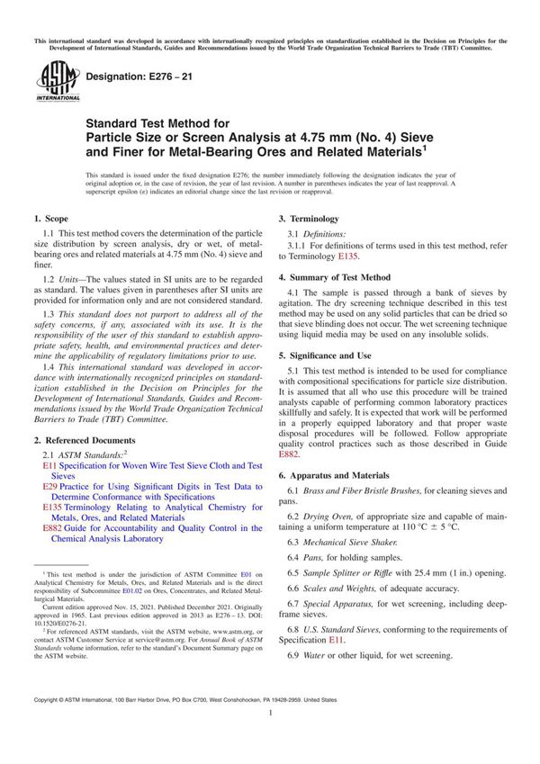 ASTM E276-21 含金属矿石和相关材料在475mm(4号)筛和更细筛上粒度或筛分分析的标准试验方法