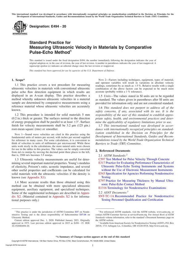 ASTM E494-20 Standard Practice for Measuring Ultrasonic Velocity in Materials by Comparative Pulse