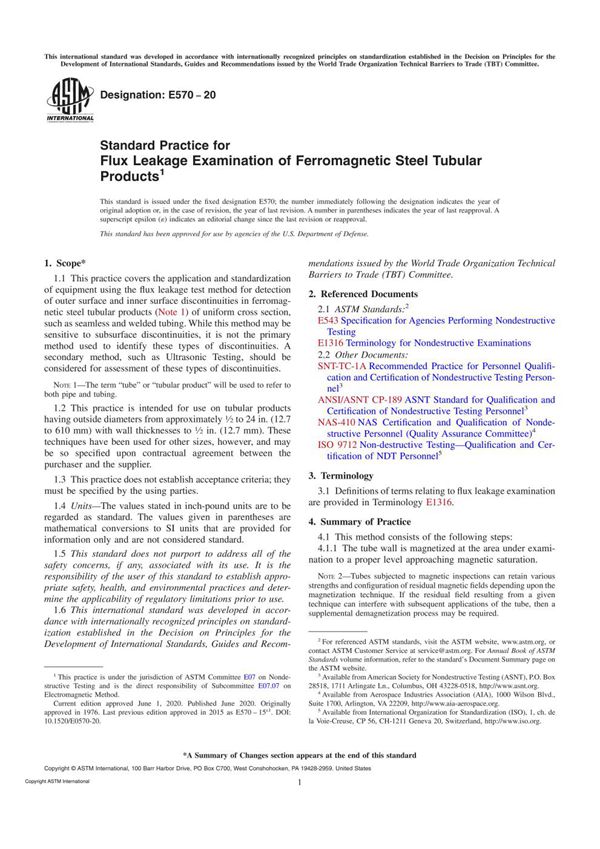 ASTM E570-20 Standard Practice for Flux Leakage Examination of Ferromagnetic Steel Tubular Product