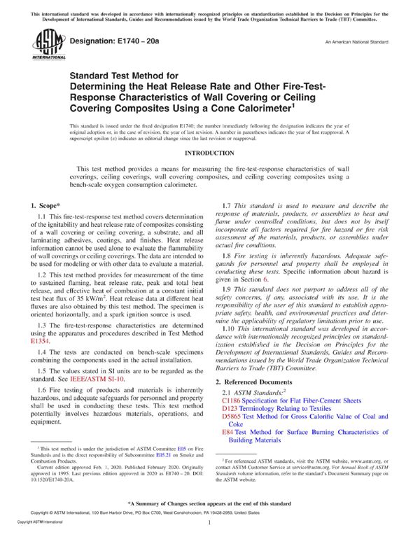 ASTM E1740-20a 用锥形量热计测定墙面覆盖层或天花板覆盖层复合材料的热释放率和其他耐火试验响应特性的标准试验方法
