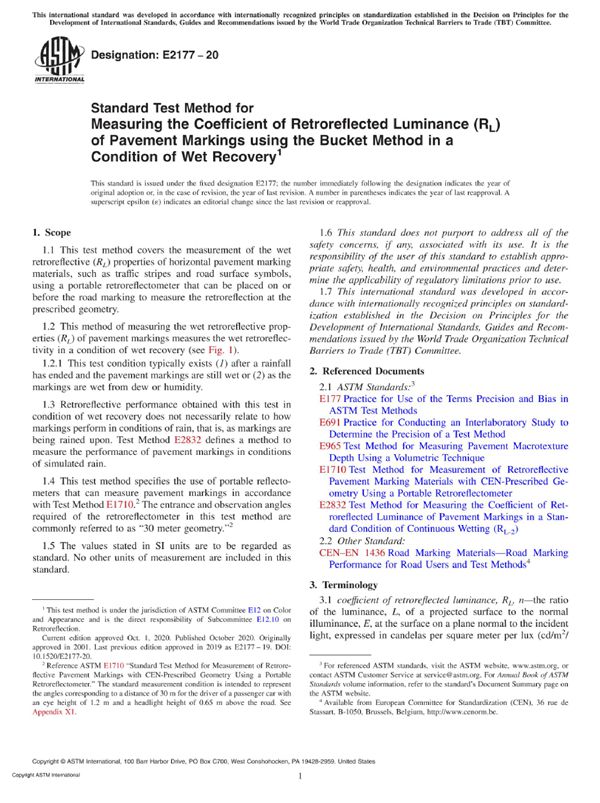 ASTM E2177-20 在湿恢复条件下用桶法测量路面标线反射亮度系数(RL)的标准试验方法