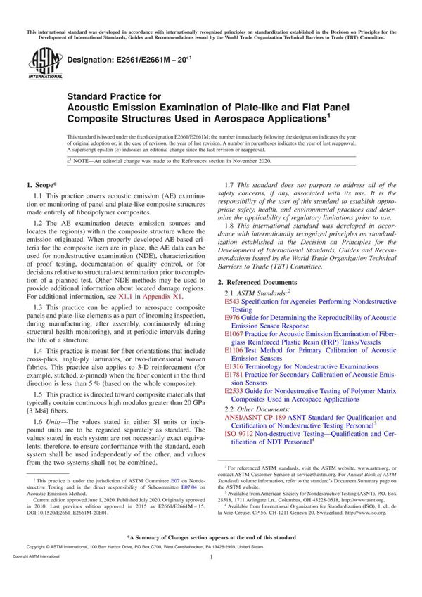 ASTM E2661 E2661M-20e1 用于航空航天应用的板状和平板复合结构的声发射检查标准实践