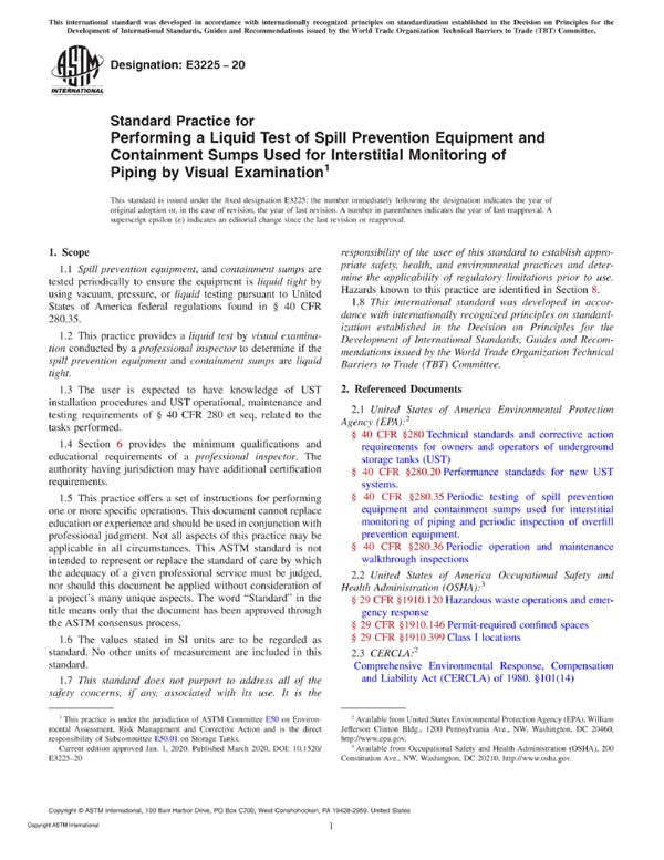 ASTM E3225-20 用目测法对管道间隙监测用防溢设备和安全壳集水坑进行液体试验的标准实施规程