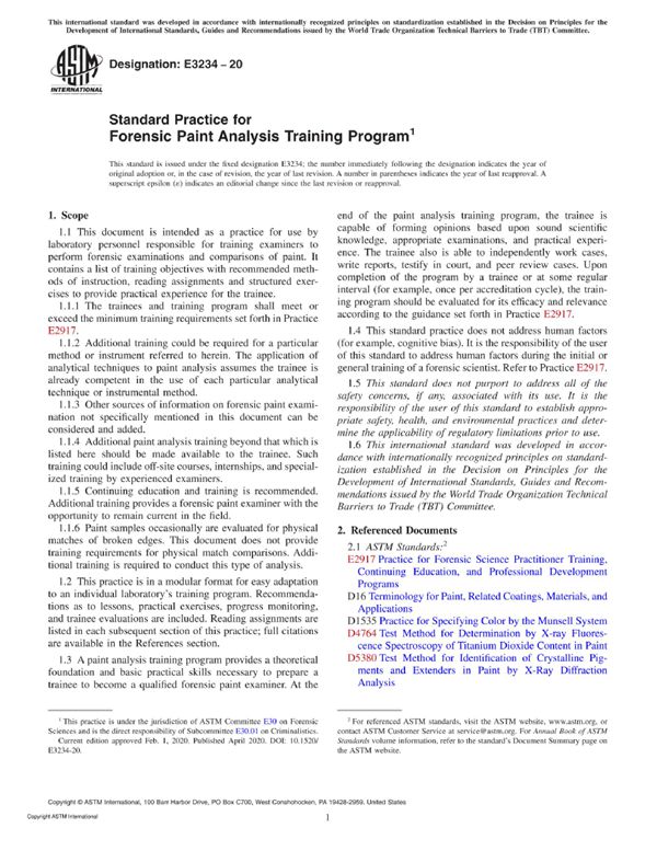 ASTM E3234-20 法医涂料分析培训计划的标准实施规程