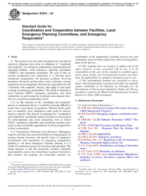 ASTM E3241-20 设施 地方应急计划委员会和应急响应者之间协调和合作的标准指南
