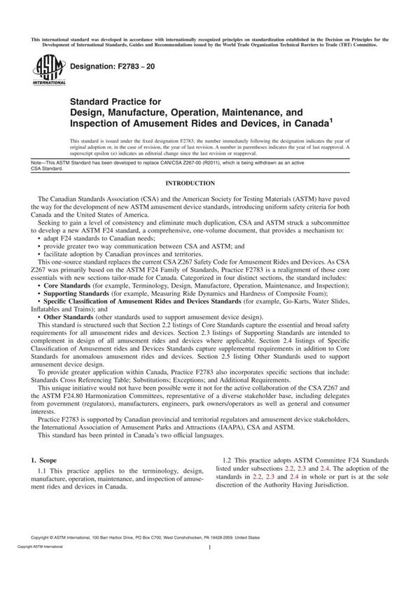 ASTM F2783-20 Standard Practice for Design, Manufacture, Operation, Maintenance, and Inspection of