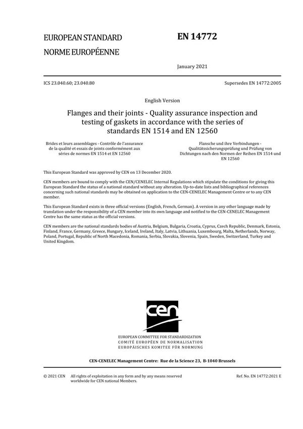EN 14772-2021 法兰及其接头 符合EN 1514和EN 12560系列标准的垫圈的质量保证检验和试验
