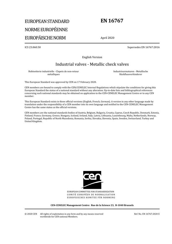 EN 16767-2020 工业阀门 金属止回阀