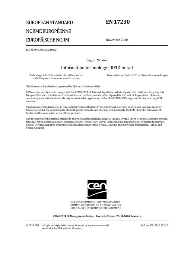 EN 17230-2020 信息技术 铁路中的RFID