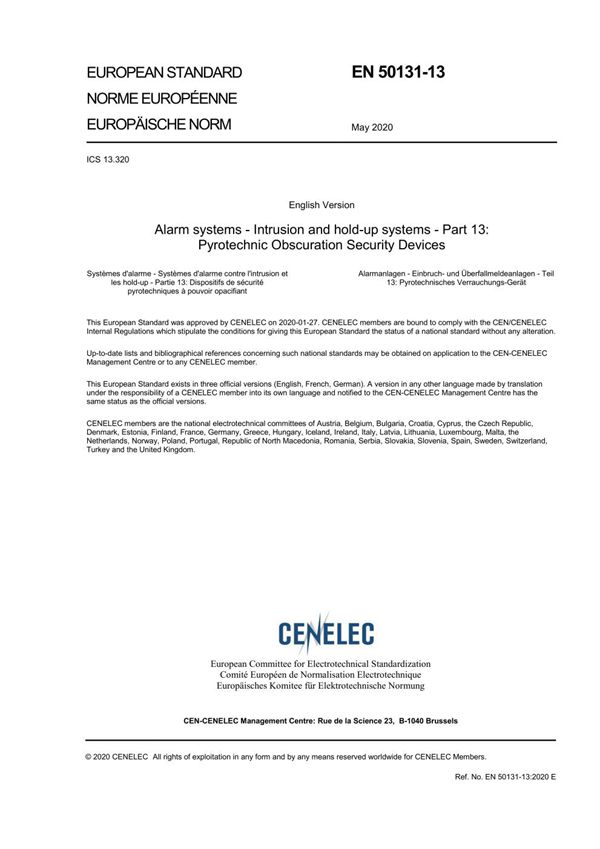 EN 50131-13-2020 报警系统 侵入和保持系统 第13部分 烟火遮蔽安全装置