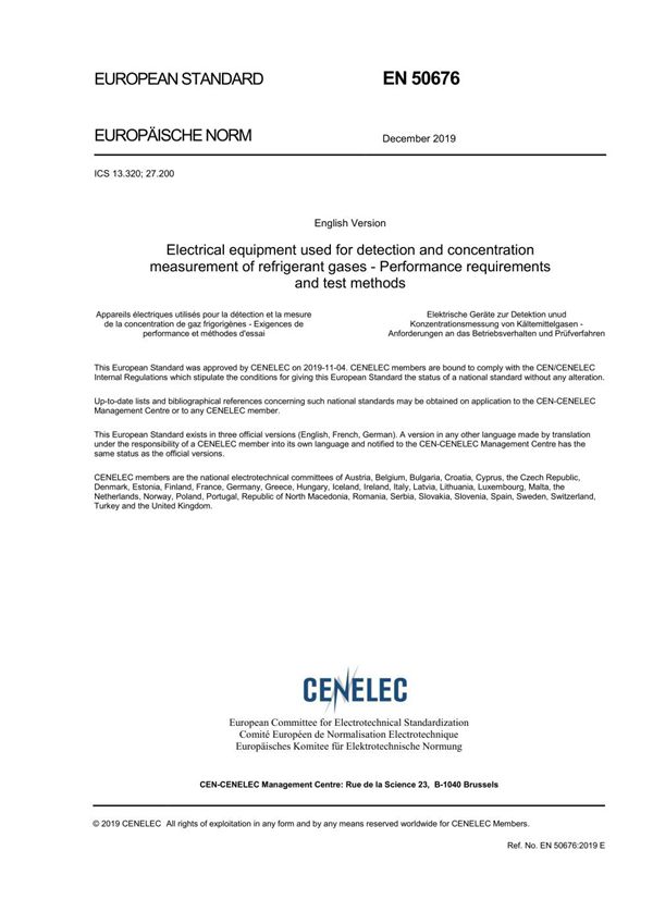 EN 50676-2019 用于检测和测量卤代烃(制冷剂气体)或SF6的电气设备 性能要求和试验方法