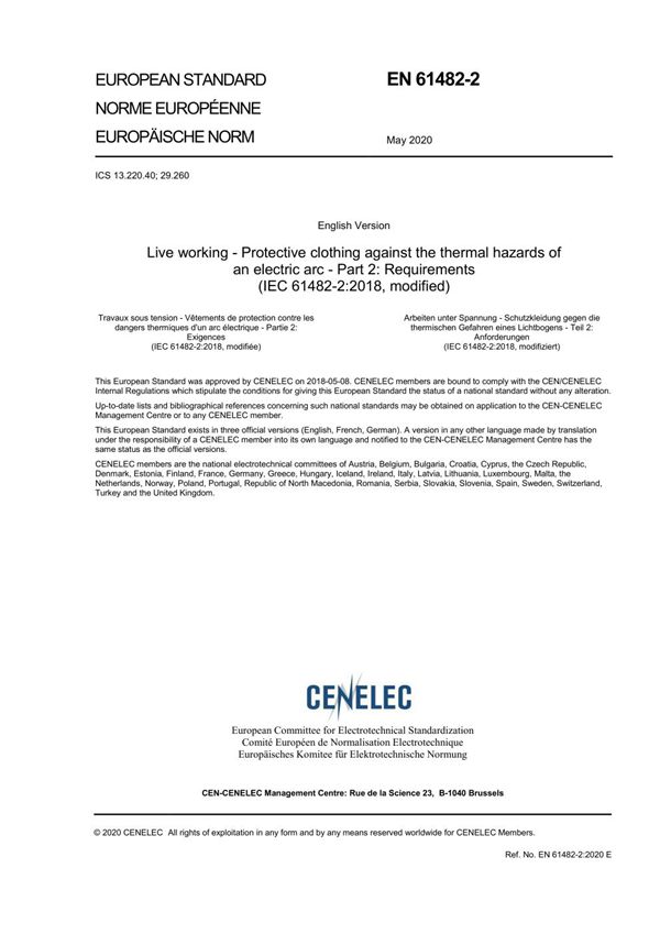EN 61482-2-2020 实际工作 防止电弧热危害的防护服 第2部分 要求