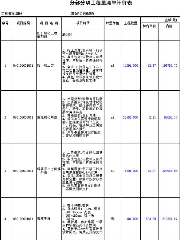 园林绿化工程量清单.报价