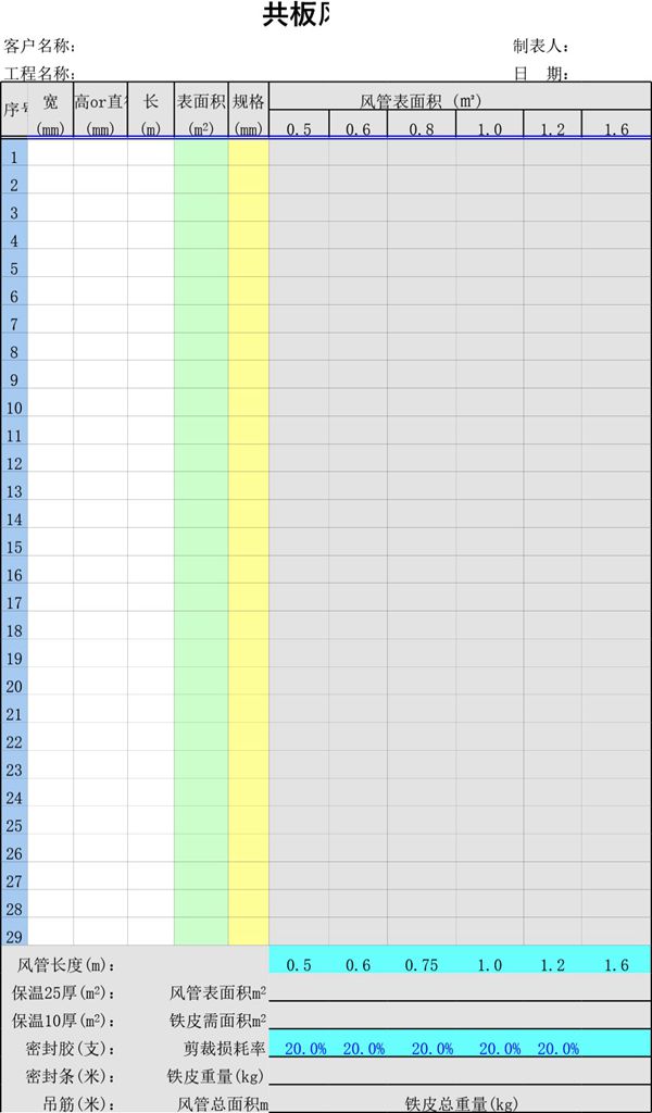 共板风管工程量计算表