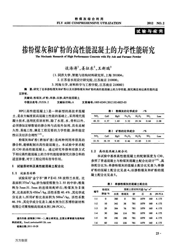 掺粉煤灰和矿粉的高性能混凝土的力学性能研究