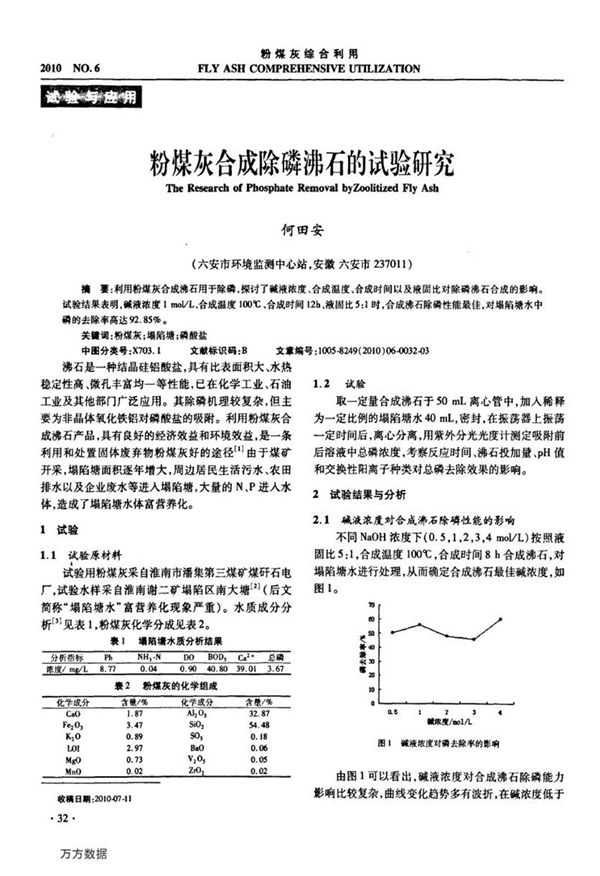 粉煤灰合成除磷沸石的试验研究