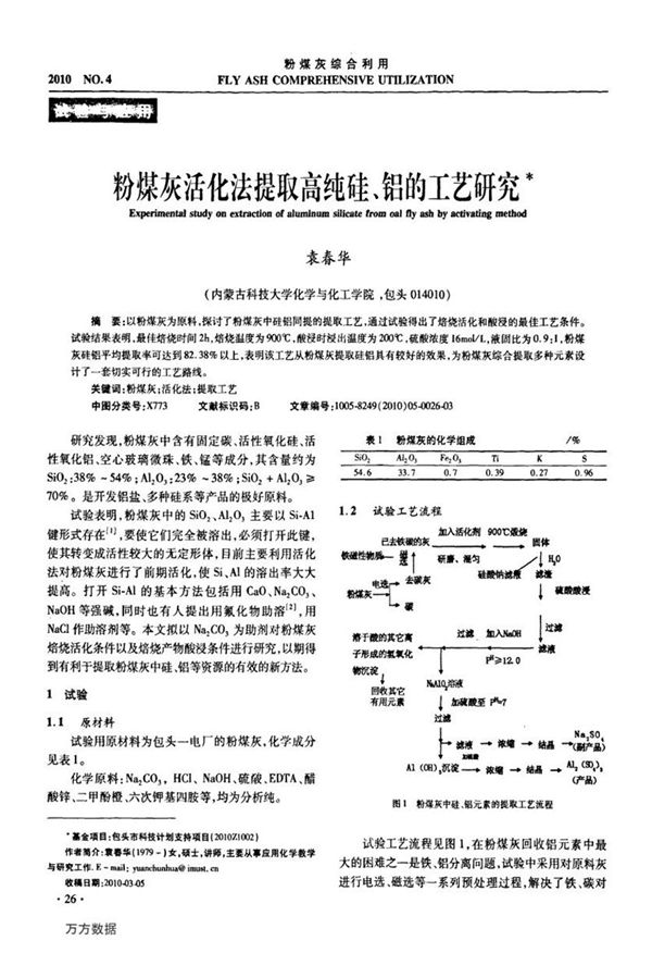 粉煤灰活化法提取高纯硅、铝的工艺研究