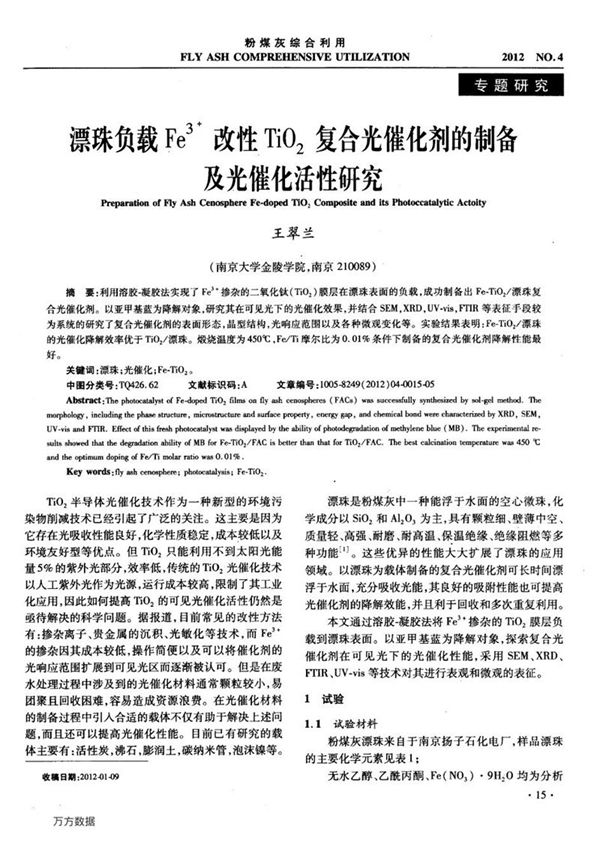 漂珠负载Fe3﹢改性TiO2复合光催化剂的制备及光催化活性研究