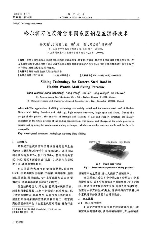 哈尔滨万达茂滑雪乐园东区钢屋盖滑移技术