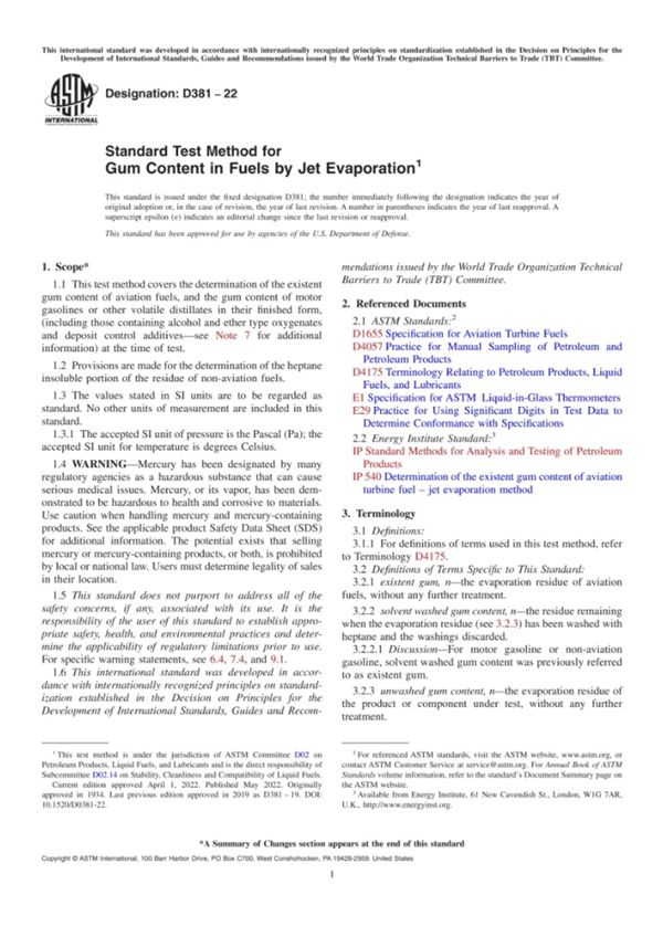 ASTM D381–22 采用喷射蒸发法测定燃料中胶质含量的标准试验方法