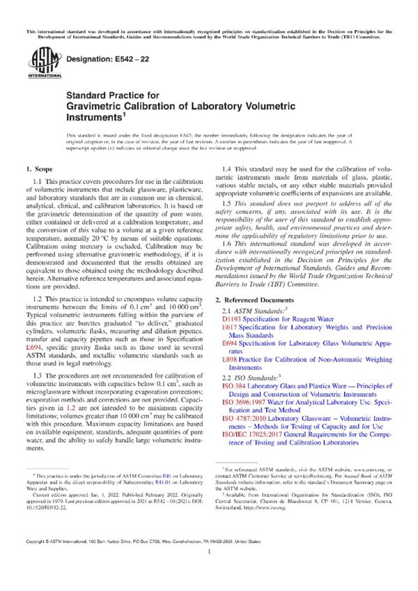 ASTM E542-22 实验室容量仪器重量校准的标准实施规程