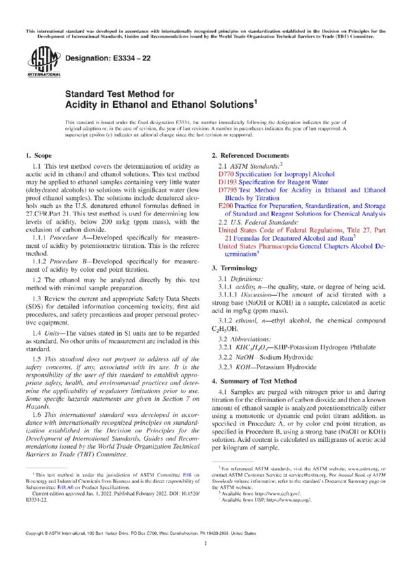 ASTM E3334-22 乙醇和乙醇溶液酸度的标准试验方法