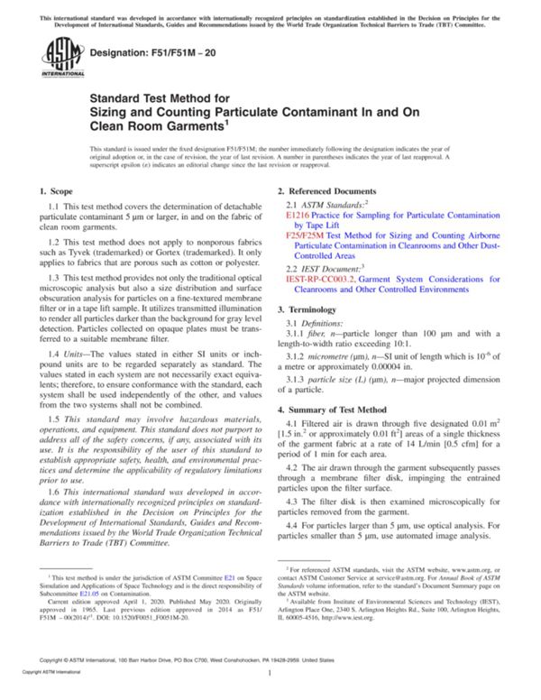 ASTM F51 F51M-20 洁净室服装和洁净室服装中颗粒污染物的尺寸和计数的标准测试方法