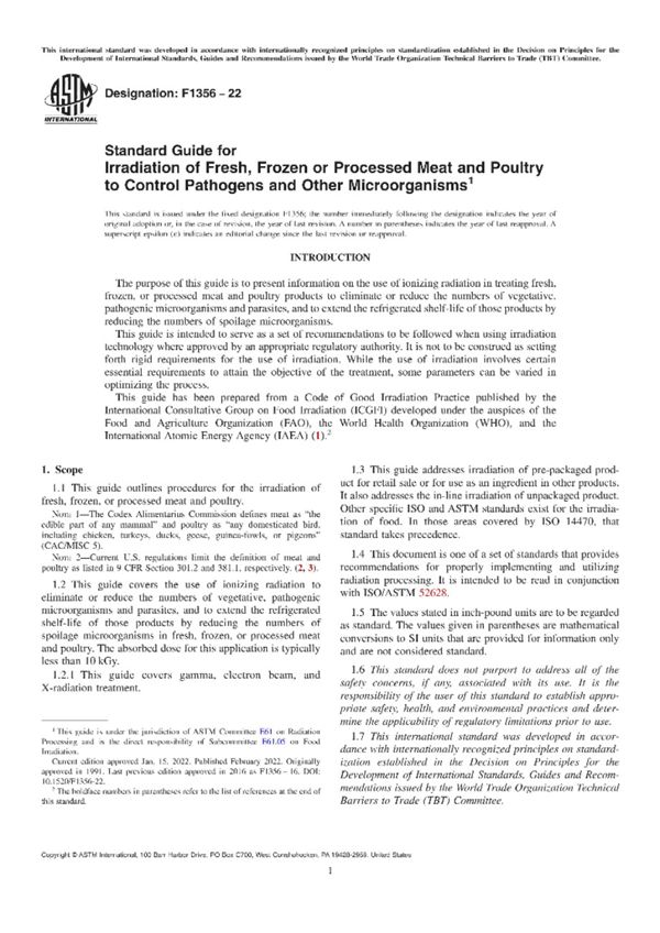 ASTM F1356-22 控制病原体和其他微生物的新鲜 冷冻或加工肉类和家禽的辐照标准指南