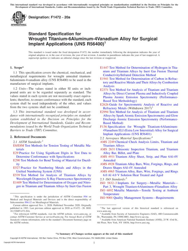 ASTM F1472-20a 用于外科植入物应用的锻造钛-6A铝-4钒合金的标准规格(UNS R56400)