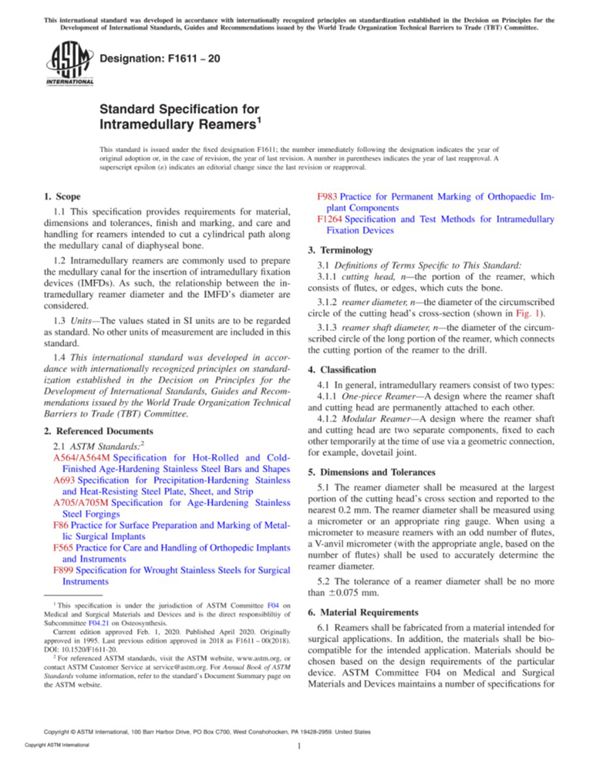 ASTM F1611-20 髓内钉的标准规格