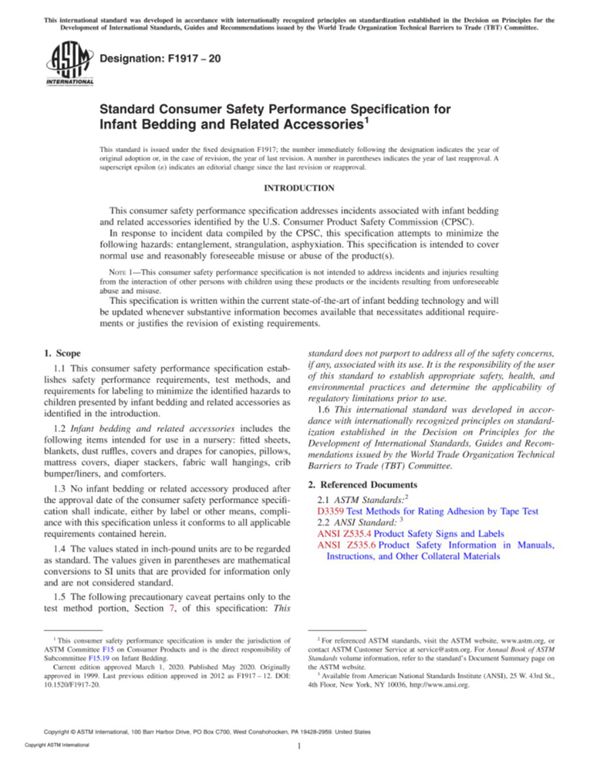 ASTM F1917-20 婴儿寝具及相关配件的消费者安全性能标准规范