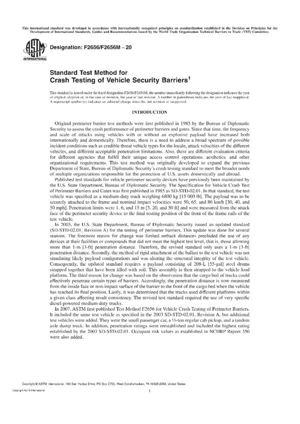 ASTM F2656 F2656M-20 车辆安全障碍物碰撞试验的标准试验方法