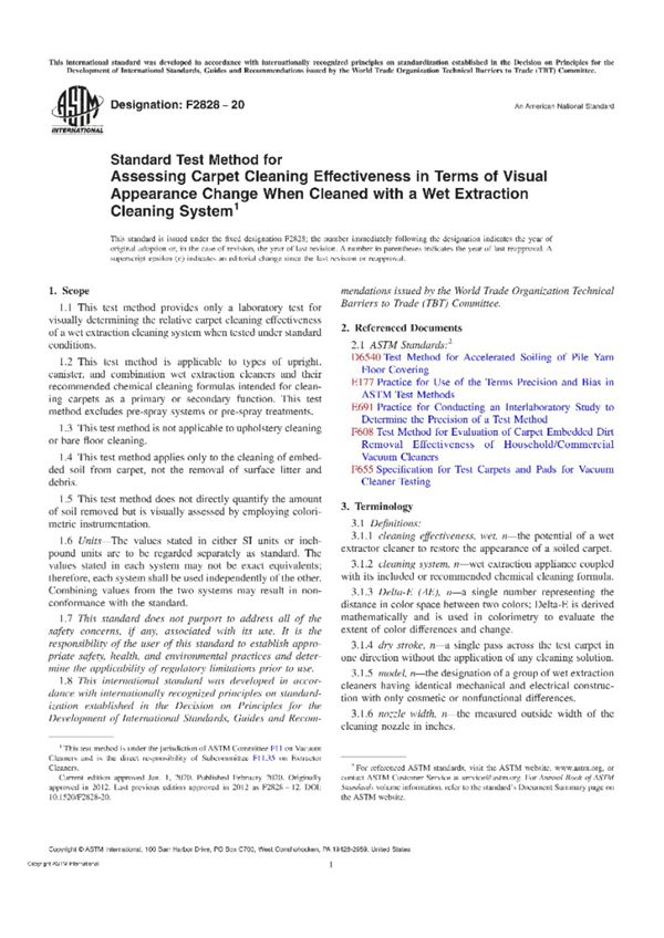 ASTM F2828-2020 用湿式萃取清洗系统清洗时根据外观变化评估地毯清洁效果的标准试验方法
