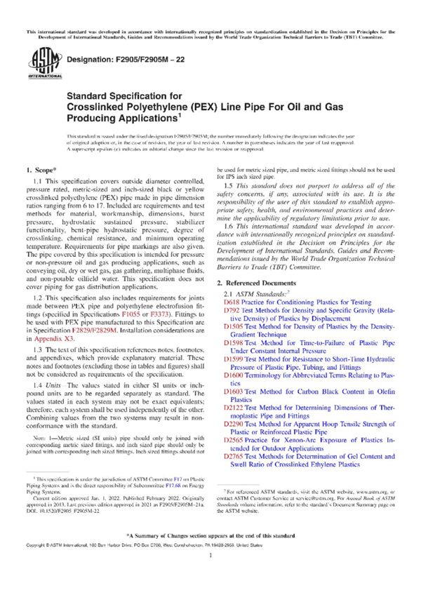 ASTM F2905 F2905M-22 石油和天然气生产用交联聚乙烯(PEX)管线管标准规范