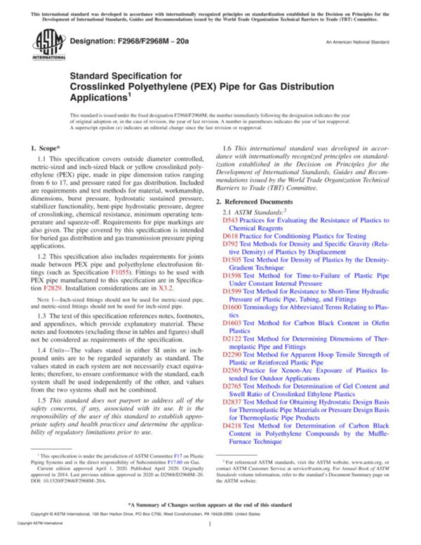 ASTM F2968 F2968M-20a 气体分配用交联聚乙烯(PEX)管的标准规范