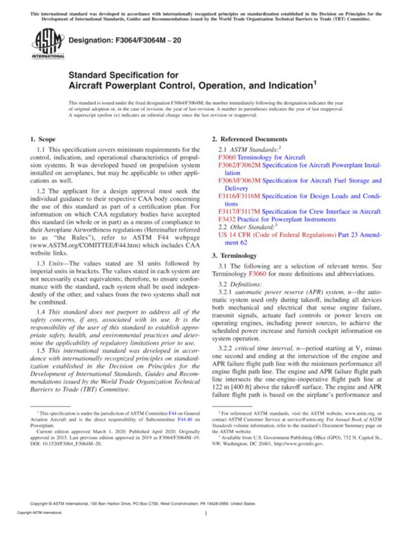 ASTM F3064 F3064M-20 航空器动力装置控制 操作和指示标准规范