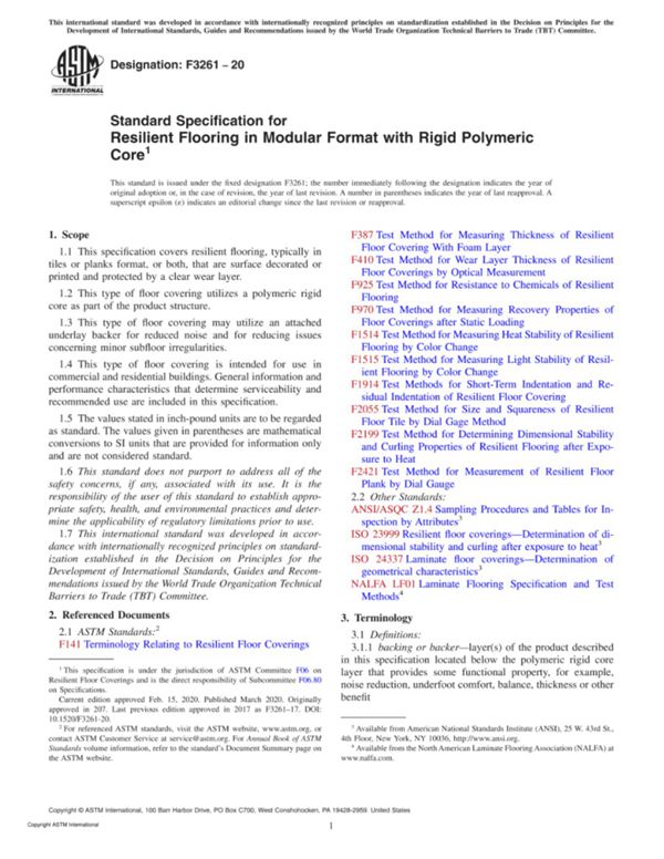 ASTM F3261-20 刚性聚合芯模块式弹性地板的标准规范