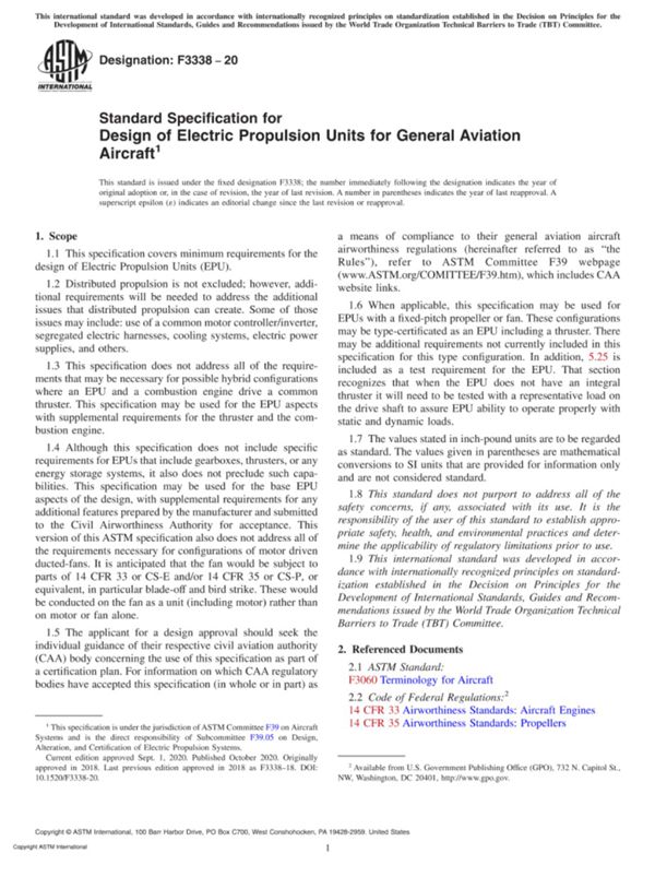 ASTM F3338-20 通用航空飞机电力推进装置设计标准规范